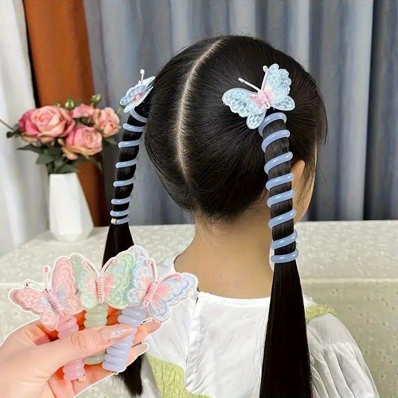 

2pcs Colorful Butterfly Charm Telephone Wire Hair Ties, Cute Elastic Ponytail Holders For Girls, Fashionable Hair Accessories, Durable Spiral Hairband Set For All Hair Types