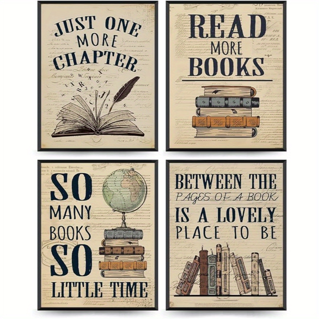 

4pcs Vintage Reading & Book Lover Wall Art Posters - Frameless Educational Decor For Library, Classroom, Nursery - 8x10 Inch