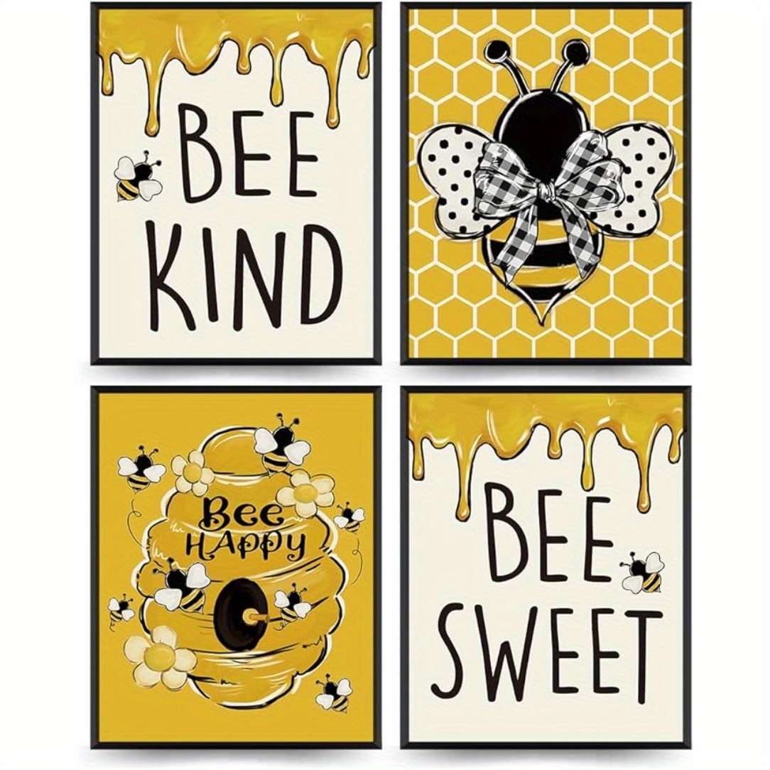 

Bee Happy 4-piece Wall Art Set - Frameless Bumble Bee Decor, Yellow Home & , 8x10 Inch Prints