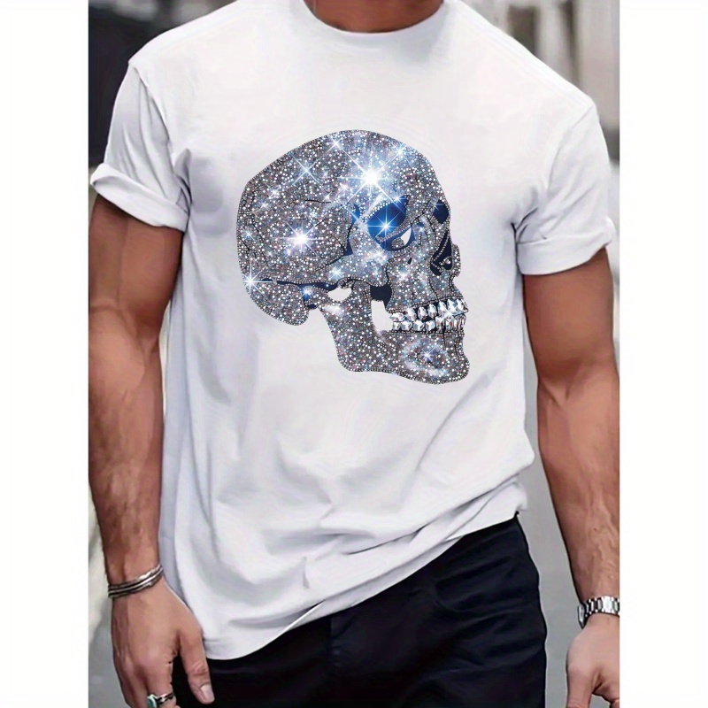 

Stylish Sparkly Skull Graphic Print, Men's Round Neck Short Sleeve T-shirt, Casual Comfy Lightweight Top For Summer