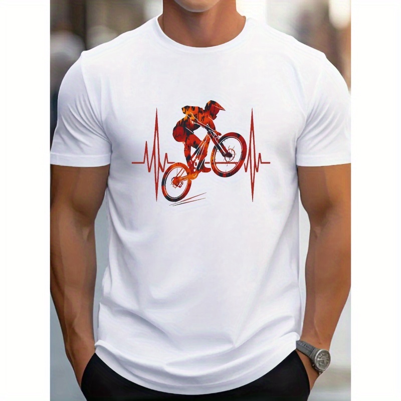 

Mountain Biking Heartbeat Print Tee Shirt, Tees For Men, Casual Short Sleeve T-shirt For Summer