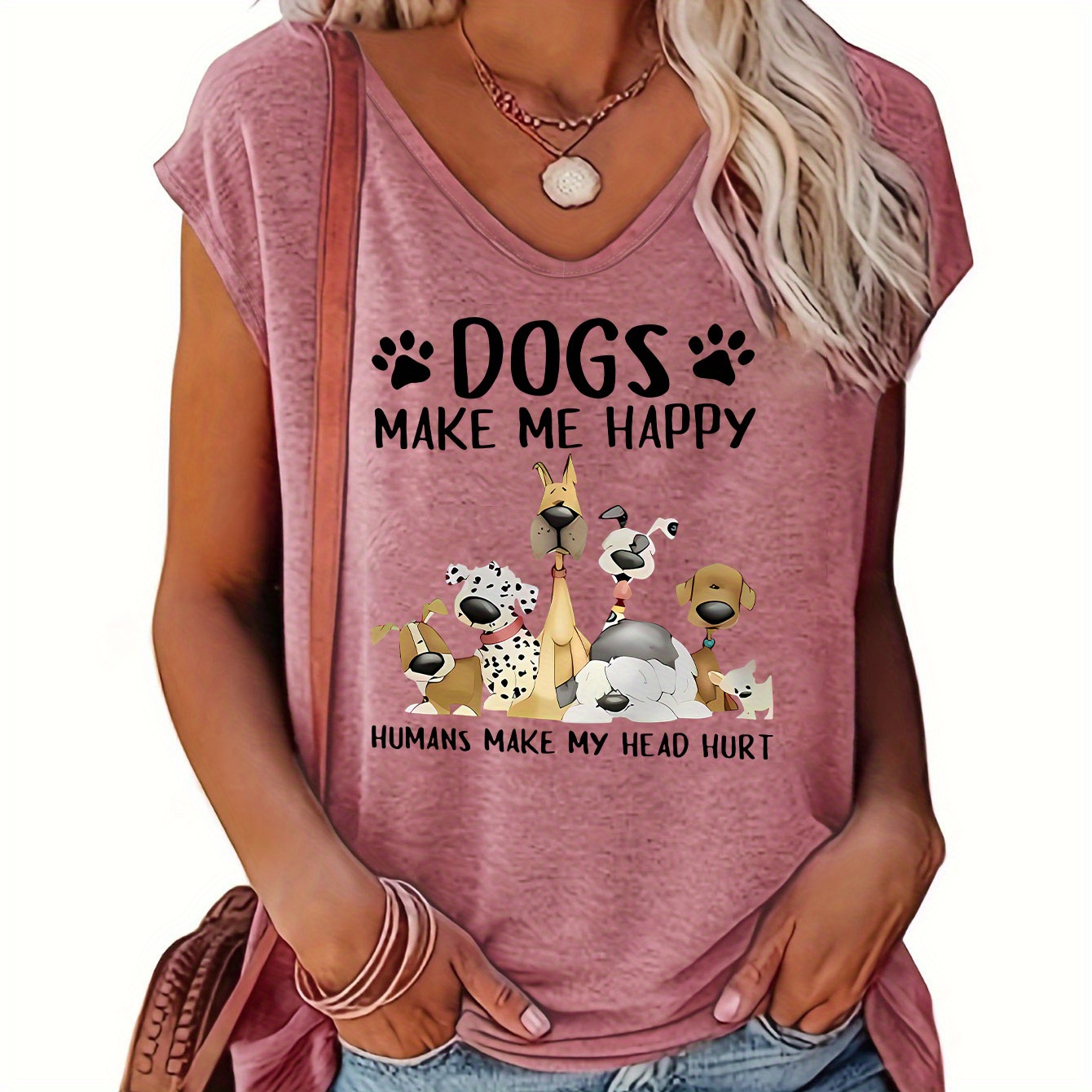 

Dog Print Tank Top, Cap Sleeve V Neck Casual Top For Summer & Spring, Women's Clothing