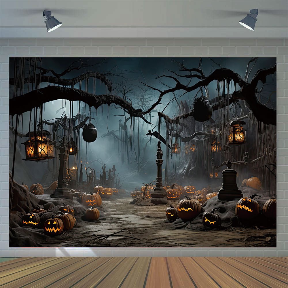 

1pc Halloween Photography Backdrop, Vinyl, Horror Misty Forest Dead Tree Pumpkin Demon Pattern, Spooky Banner Decoration, Halloween Night Cosplay Party Decoration Masquerade Photo Booth Props