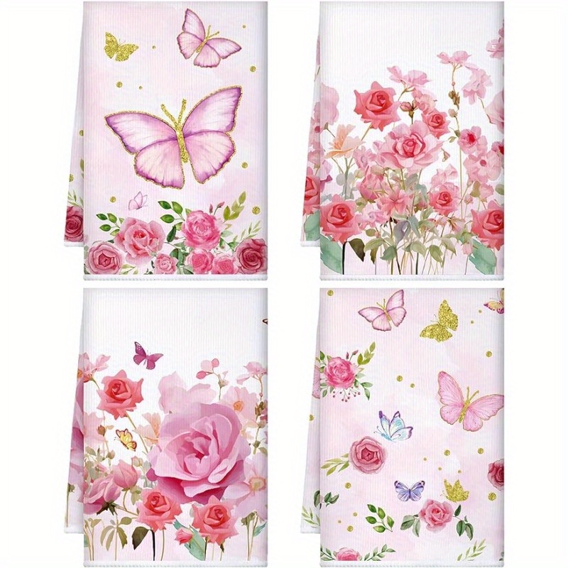 

4pcs, Hand Towels, Pink Butterfly And Florals Printed Kitchen Hand Towels, Soft Microfiber Decorative Dishcloths, Absorbent Drying Towels For Kitchen Decor & Cleaning