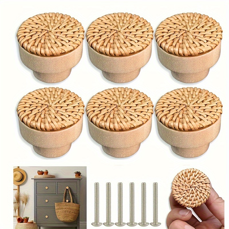 

6-pack Rattan Woven Wooden Cabinet Handles With Screws - Durable Circular Drawer Pulls For Furniture & Cabinets, Elegant Vine Design