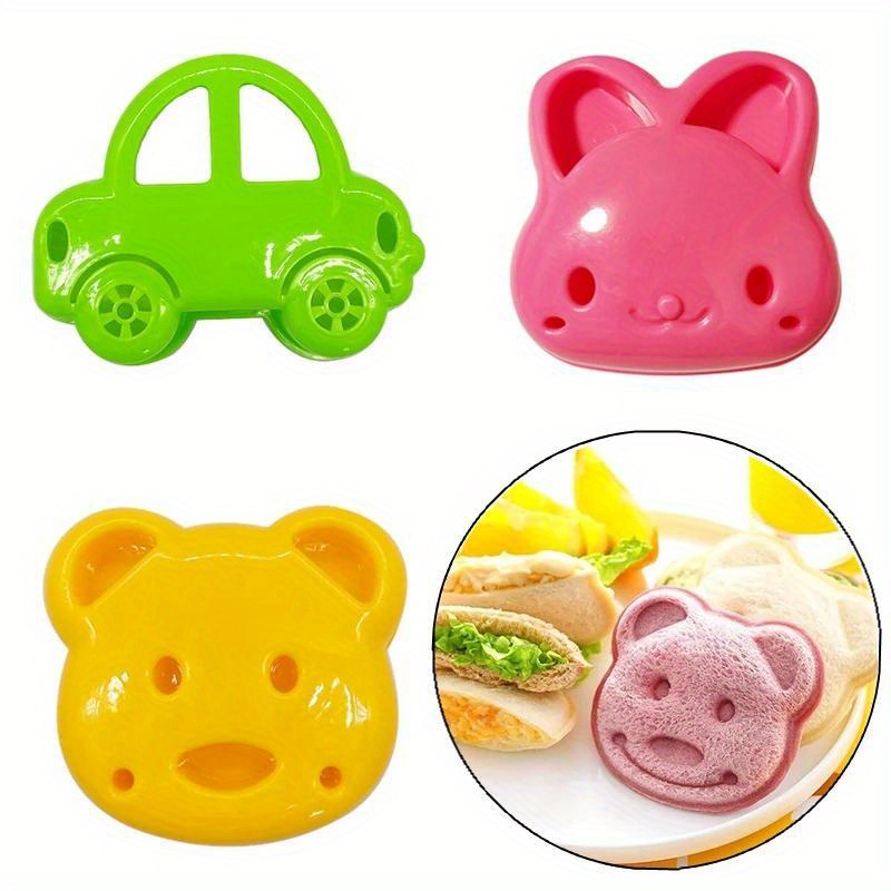 

3pcs Sandwich Cutter Set - Plastic Bread Knife With Mini Cartoon Rabbit, Bear, And Car Shapes For Kids Bento Lunch Mold