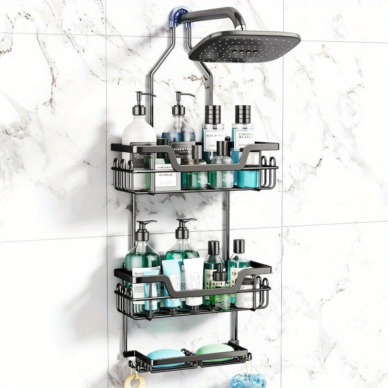 

1pc 3 Tier Rustproof Hanging Shower Caddy With 16 Hooks & Dual Soap Holder, Large Capacity Over Shower Organizer For Bathroom Shower Room