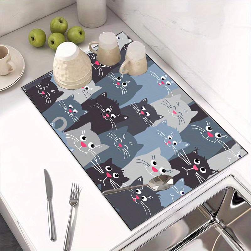 

Jit 1pc Cute Cat Print Dish Drying Mat Multipurpose Synthetic Polyester Absorbent Kitchen Countertop Protector Coffee Machine Mat Bathroom Accessory