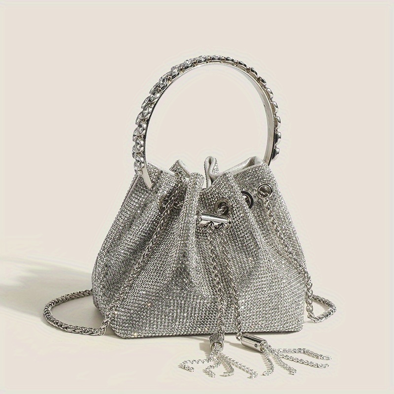 

Luxury Rhinestone Bucket Bag, Pu Summer Fashion Handbag With Chain, Elegant Shoulder Sling Bag For Women