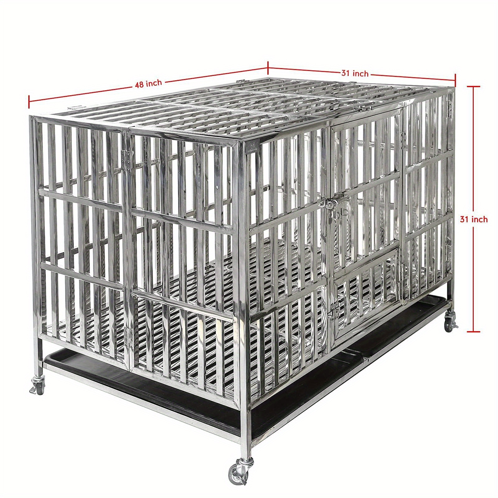 

48" Heavy Duty Stainless Steel Dog Cage Kennel Crate And Playpen For Training Large Dog Indoor Outdoor With Double Doors & Locks Design Included Lockable Wheels Removable Tray No Screw