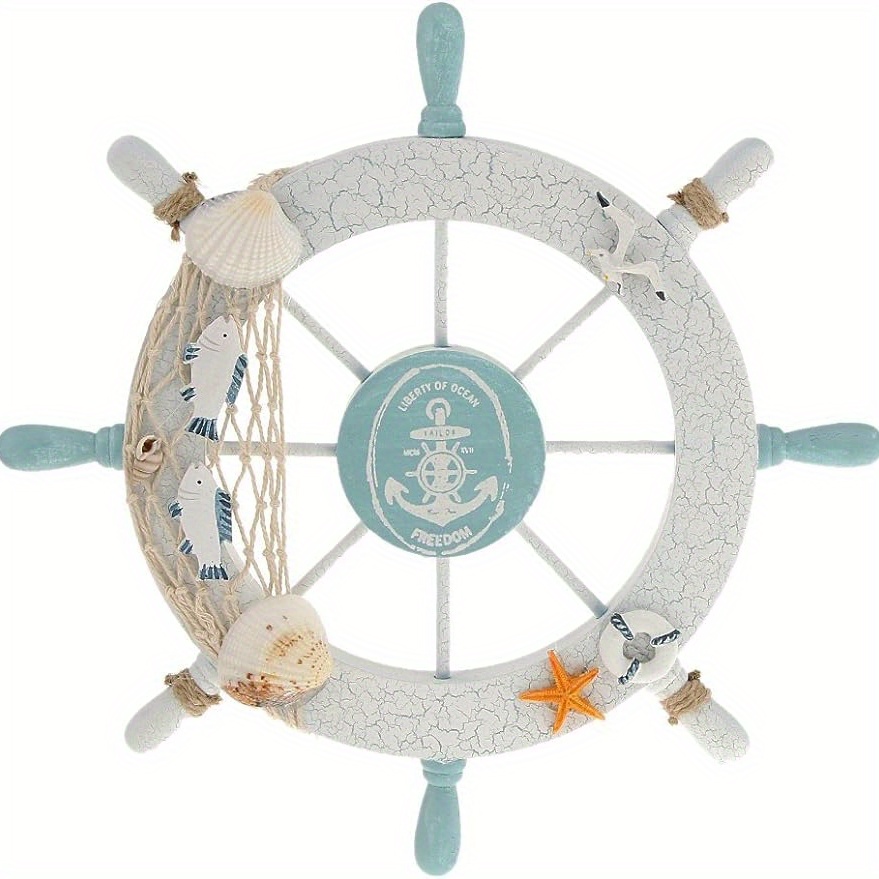 

Nautical Beach Wooden Ship Steering Wheel With Fishing Net And Shell Wall Decor For Home - White - Suitable For Ages 14+