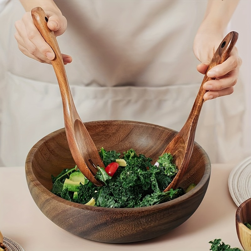 

2pcs Salad Spoons, Durable Acacia Wood Cutlery Set, Salad Mixer Fork And Spoon, Long Handled Salad Tong, Kitchen Cooking Utensils