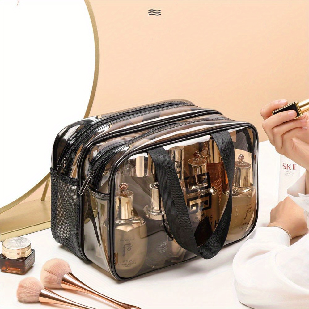 

Simple Style Transparent Durable Travel Toiletry Bag With Zipper Closure And Double Handles, Foldable And Lightweight Makeup Organizer For Daily Use And Travel