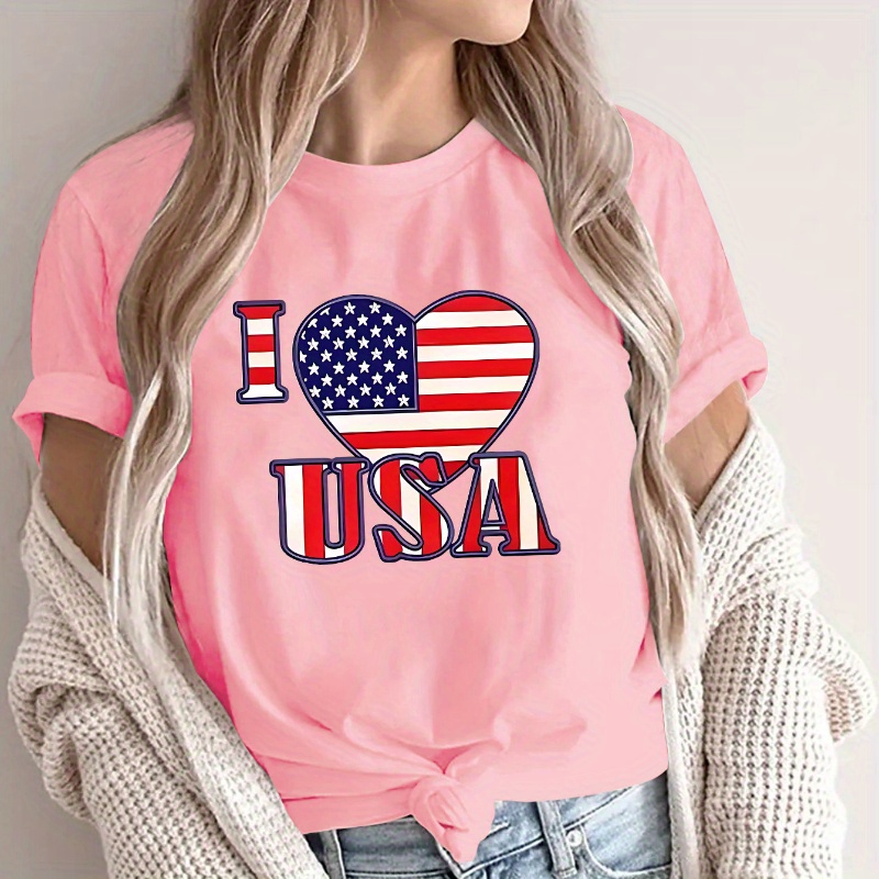 

I Love Usa Print Crew Neck T-shirt, Casual Short Sleeve Top For Spring & Summer, Women's Clothing