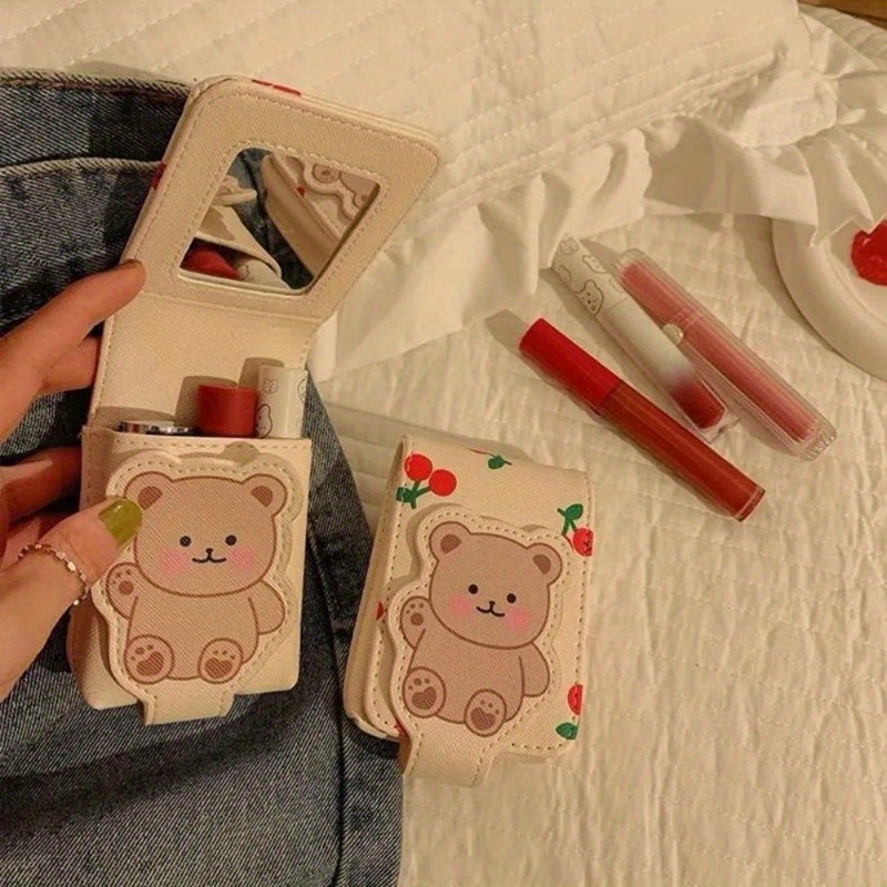 

1pc Cute Bear Mini Makeup Bag With Built-in Mirror, Portable Travel Lipstick Case, Cosmetic Organizer