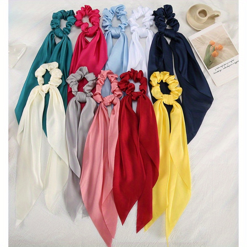 

10pcs Women's Hair Scrunchies Set, Fashion Solid Color Knot Bow Hair Ties, Simple Sweet Style, Satin Ribbon Headbands, Assorted Colors