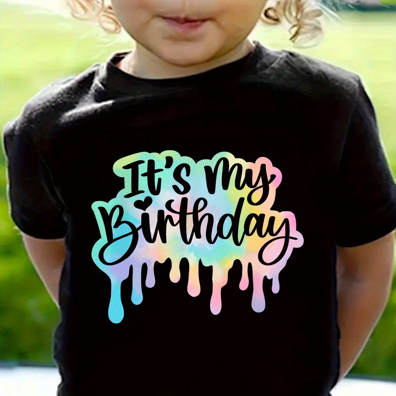 ZH400819 Girls Cute Round Neck "Its My Birthday" Graphic Short Sleeve T-shirt Casual Tees Top Summer Kids Clothes