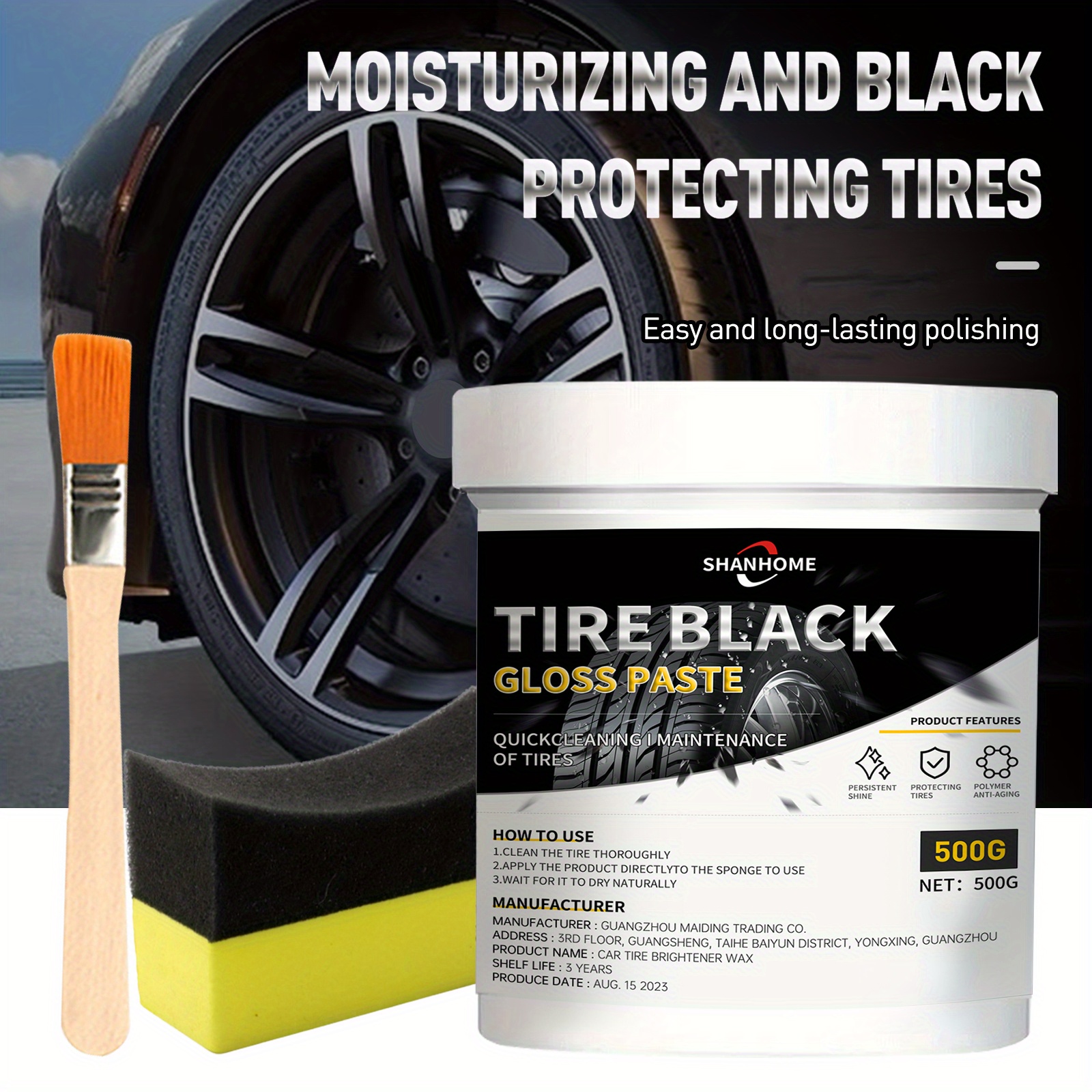 

500g Tire Shine & Gloss Restorer - Hydrophobic Wax Paste For Enhanced Blackness, Durability & Anti-aging With Bonus Sponge And Brush