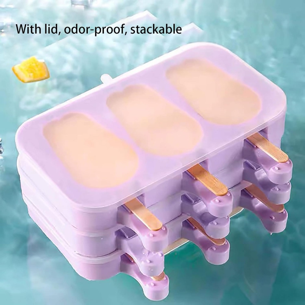 2set silicone   mold ice cream mold reusable   maker tray diy homemade ice cream mold   maker with lid wood stick dessert ice cream mold with   stick kitchen supplies