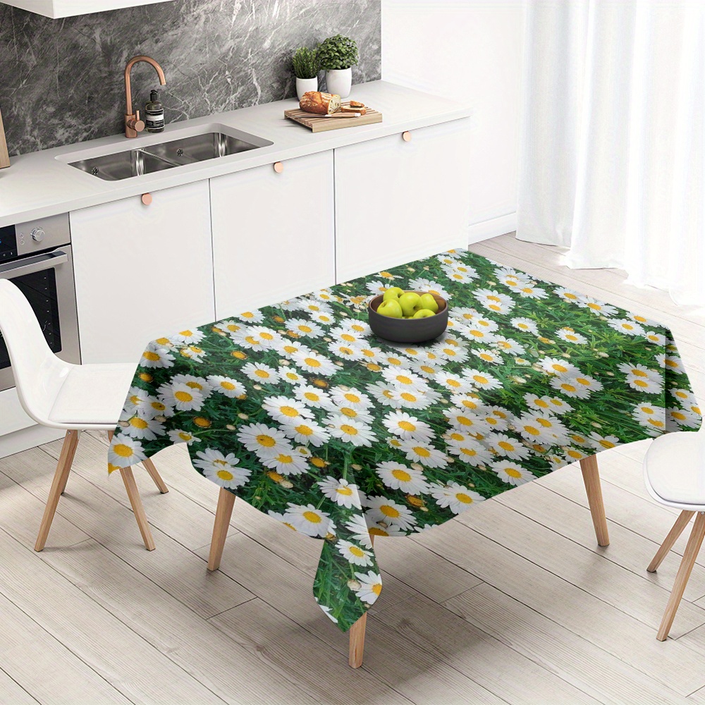 

1pc, Tablecloth, White Daisy Pattern Restaurant Rectangular Table Cloth, Stain Resistant Washable Microfiber Table Cover, Holiday Decoration