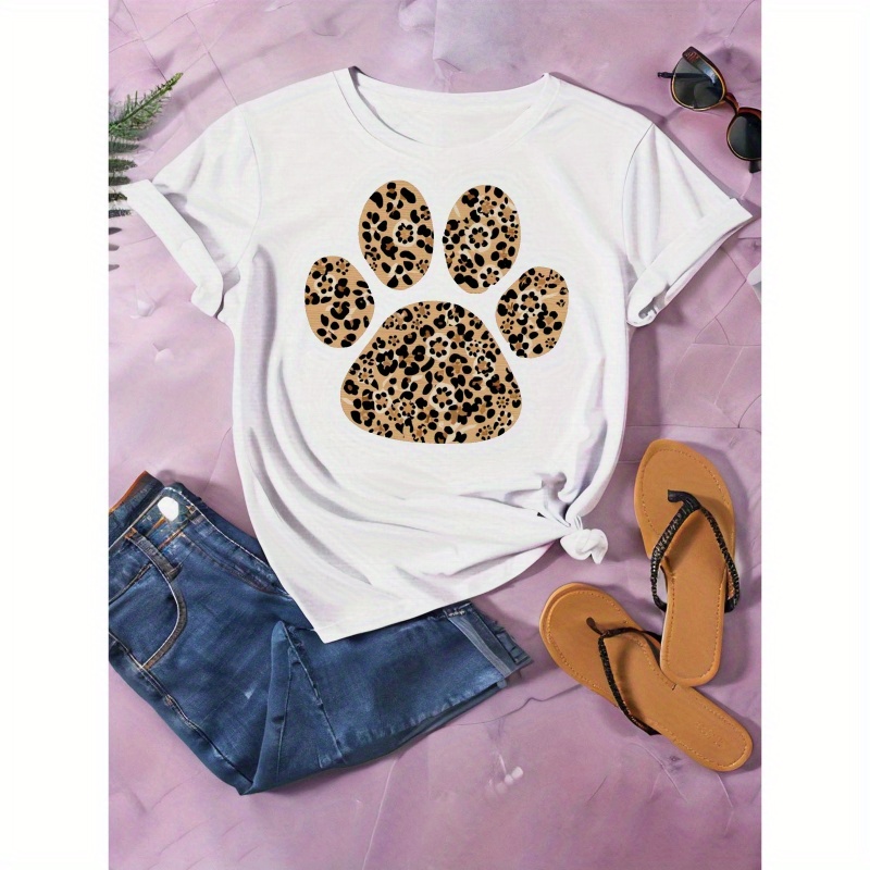 

Paw & Leopard Neck T-shirt, Casual Short Sleeve T-shirt For , Women's Clothing