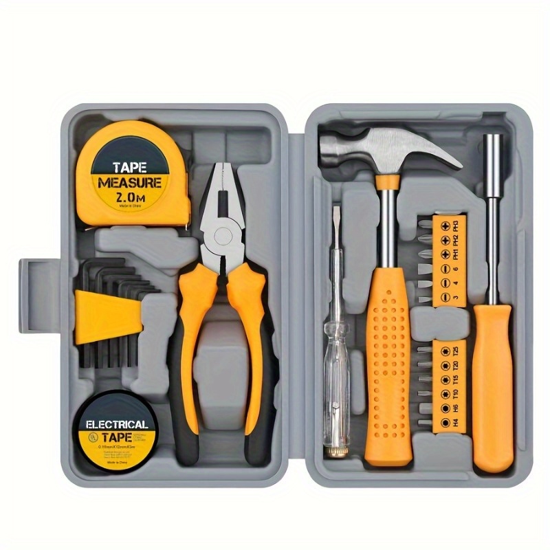 

24 In 1 Multifunctional Home Repair Hand Tool Set, Pliers Wrench Hammer Tape Measure Screwdriver, Yellow Hardware With Toolbox