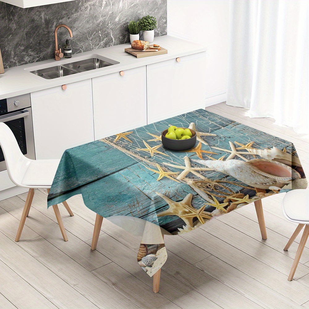 

1pc, Tablecloth, Summer Beach Theme Starfish Pattern Restaurant Rectangular Table Cloth, Stain Resistant Washable Microfiber Table Cover, Holiday Decoration