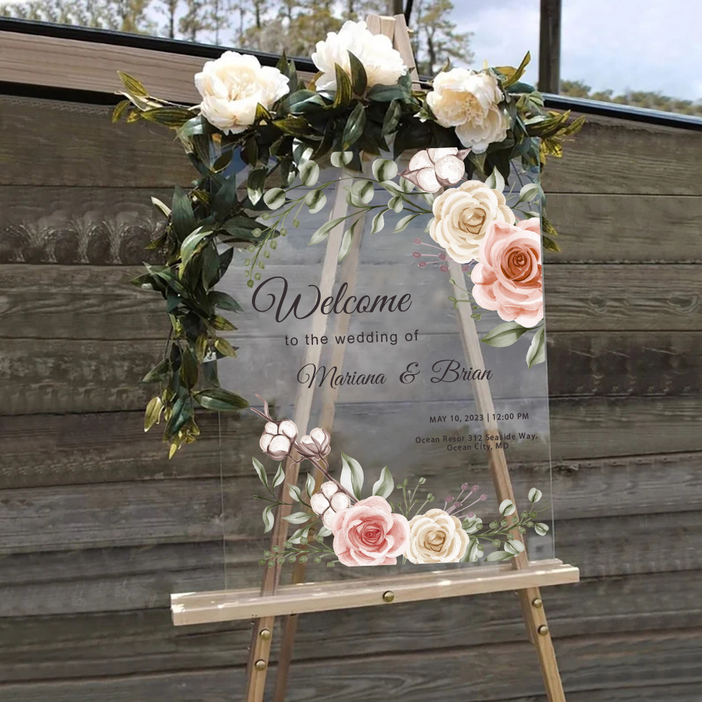 

Custom Acrylic Wedding Welcome Sign With Flowers And Wooden Stand - Elegant Bridal Entryway Decoration, Personalized Name And Date, Durable Metal And Plastic Construction, No Electricity Needed