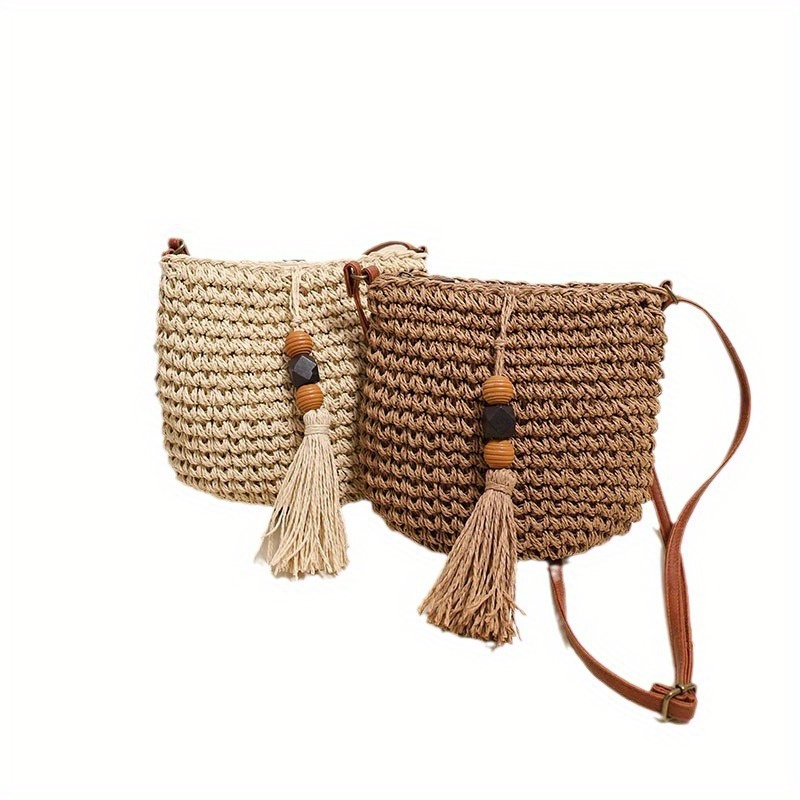 

Classic Woven Straw Crossbody Bag With Wooden Beads And Tassel, Bohemian Style Shoulder Purse For Women, Summer Beach Bag