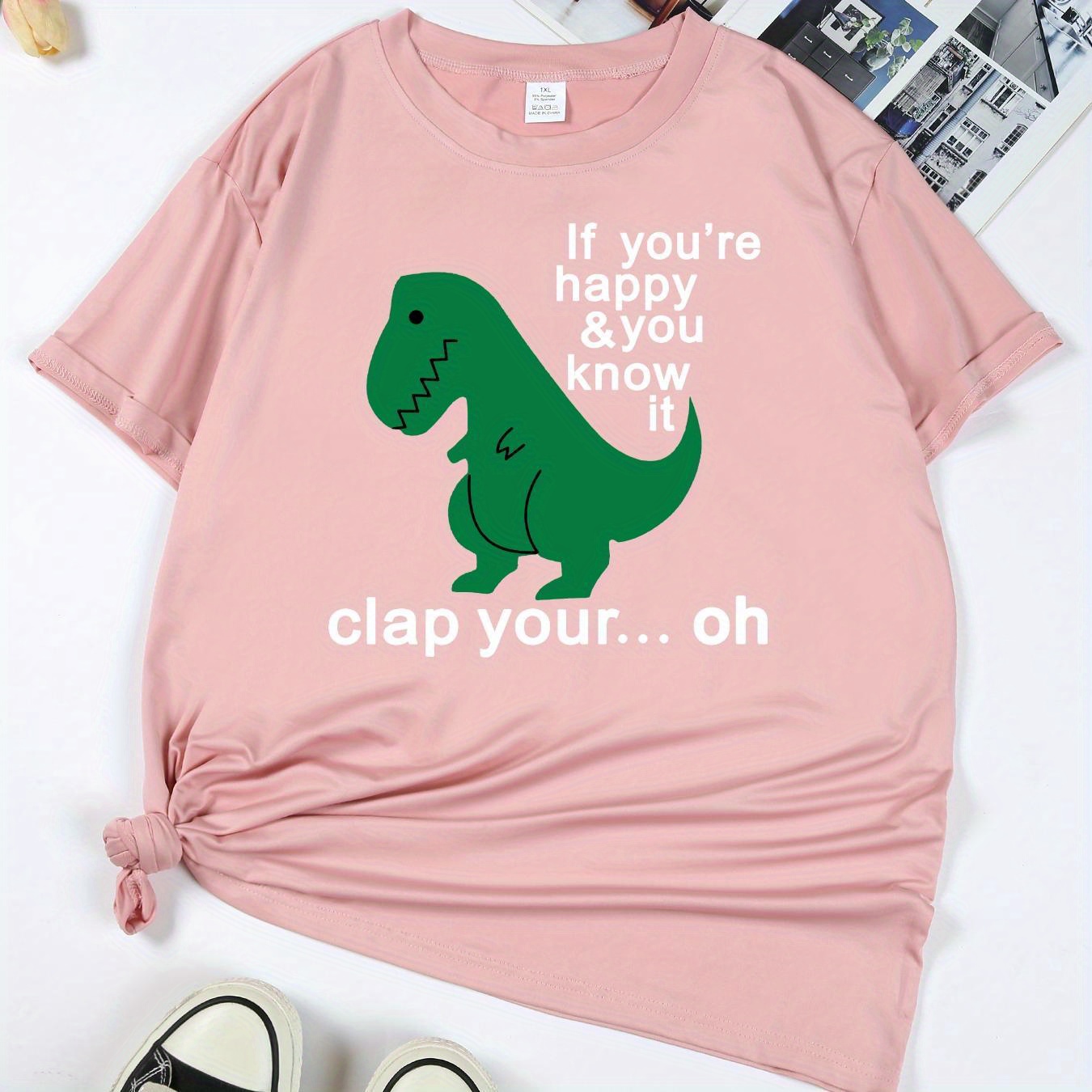 

Women's Plus Size Short Sleeve T-shirt, Casual Sport Summer Fashion, Round Neck Top With Cartoon Dinosaur Print Design