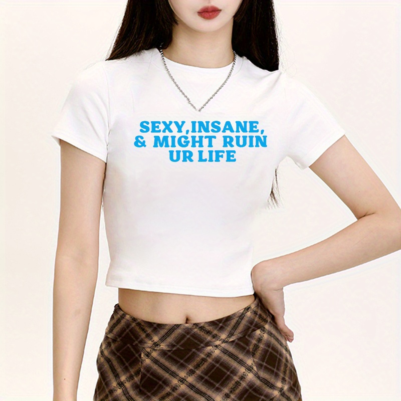 

Letter Print Crop T-shirt, Y2k Short Sleeve Crew Neck Slim Top, Women's Clothing