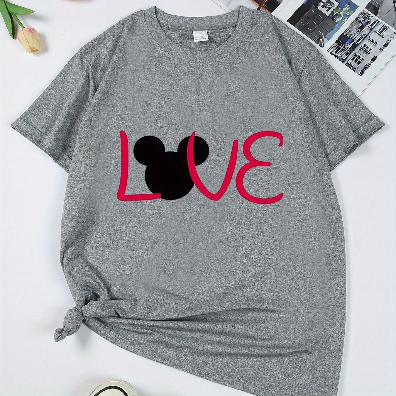 

Women's Plus Size Casual Sporty T-shirt, Love Cartoon Print, Comfort Fit Short Sleeve Tee, Fashion Breathable Casual Top