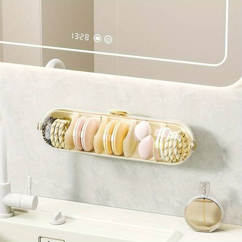 1pc Wall Mounted Storage Box, Makeup Remover Cotton Holder, Plastic Clear Storage Rack, Bathroom Accessories, Bathroom Decor, Cosmetic Organizer, Home Organization And Storage Supplies Bathroom Organizers And Storage Restroom Decor And Accessories