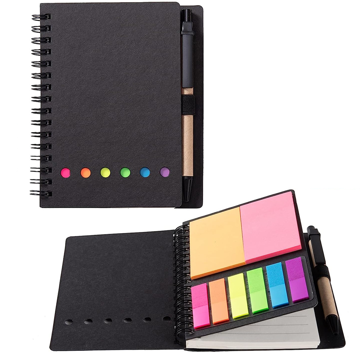 

A Notebook With Spiral Binding, Lined Pages, A Pen Holder, Sticky Notes, And Colored Index Tabs.