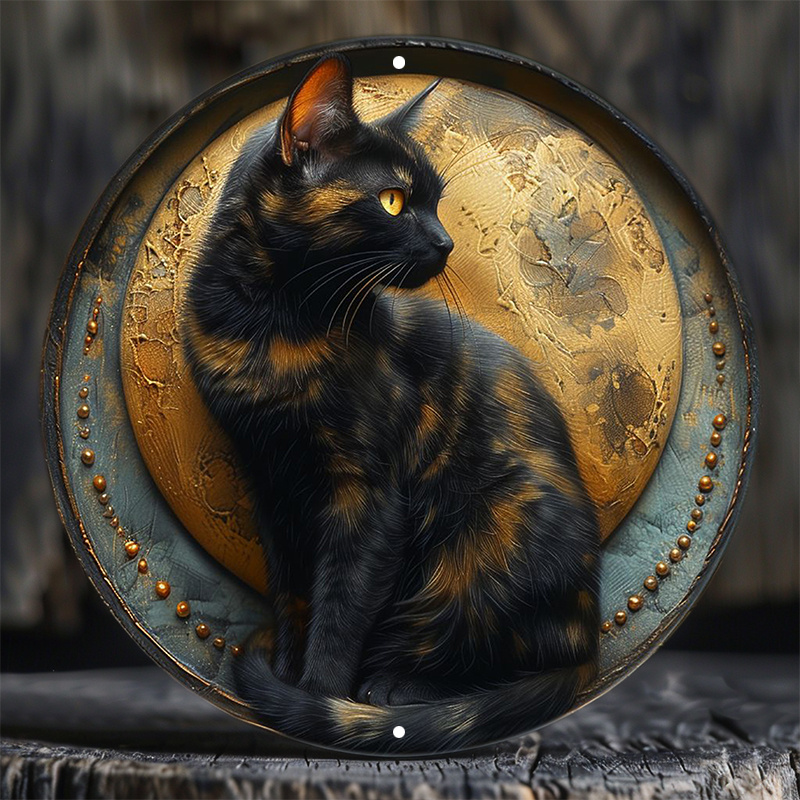 

Waterproof Aluminum Cat In Moonlit Circle Wall Sign - 8x8 Inch Weather-resistant Hd Printed Door Hanger With Pre-drilled Holes For Easy Hanging - Durable, Textured Metal Art Decor By Decency Xc403