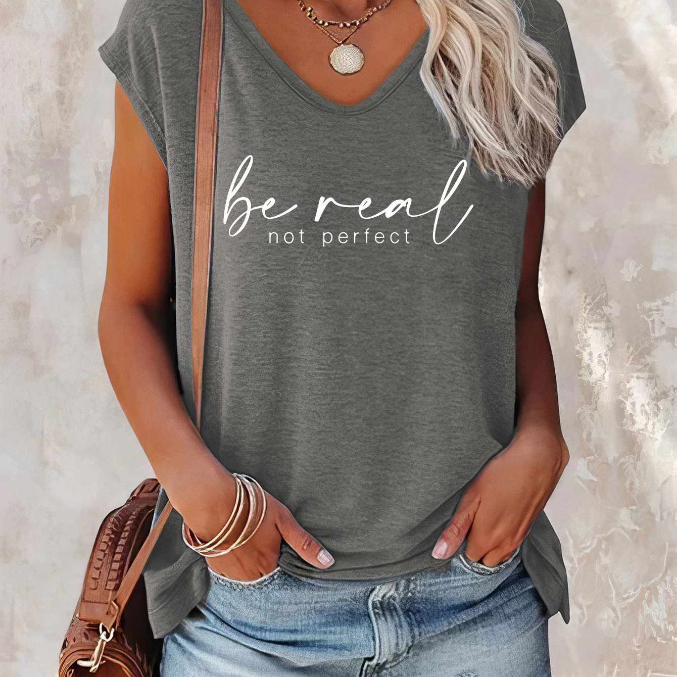 

Be Real Print Cap Sleeve Top, Casual Top For Summer & Spring, Women's Clothing