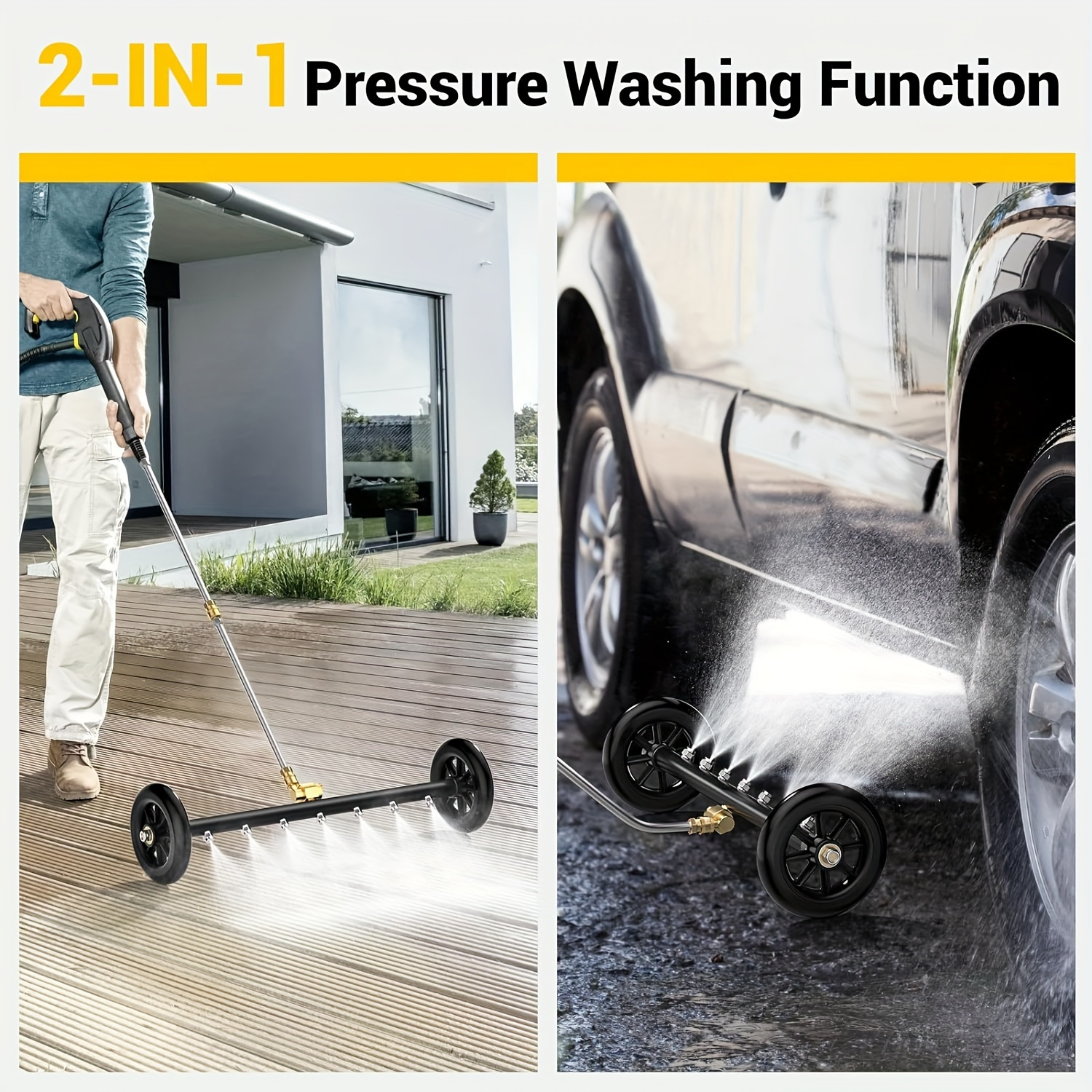 2 in 1 7 nozzle high pressure surface cleaner high pressure washer water gun 22 inch mobile cleaner floor washing car bottom multi broom 1 4 inch quick connection 4000psi water pressure 1800psi 4000psi with three stainless steel extension rods two straight rods one 45 bent rod two 360 moving wheels details 1