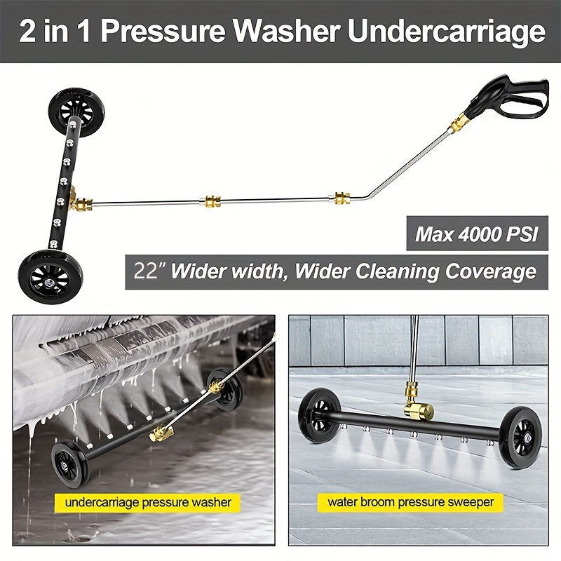 2 in 1 7 nozzle high pressure surface cleaner high pressure washer water gun 22 inch mobile cleaner floor washing car bottom multi broom 1 4 inch quick connection 4000psi water pressure 1800psi 4000psi with three stainless steel extension rods two straight rods one 45 bent rod two 360 moving wheels details 3