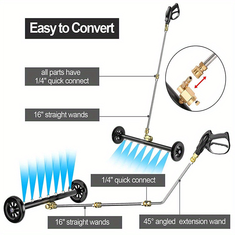2 in 1 7 nozzle high pressure surface cleaner high pressure washer water gun 22 inch mobile cleaner floor washing car bottom multi broom 1 4 inch quick connection 4000psi water pressure 1800psi 4000psi with three stainless steel extension rods two straight rods one 45 bent rod two 360 moving wheels details 4