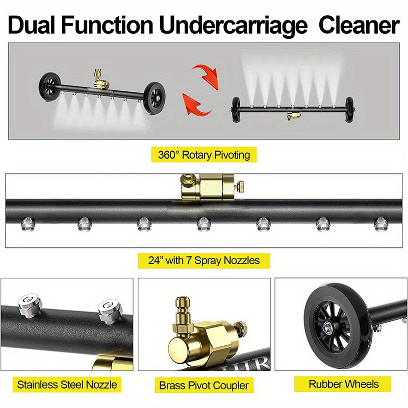 2 in 1 7 nozzle high pressure surface cleaner high pressure washer water gun 22 inch mobile cleaner floor washing car bottom multi broom 1 4 inch quick connection 4000psi water pressure 1800psi 4000psi with three stainless steel extension rods two straight rods one 45 bent rod two 360 moving wheels details 6