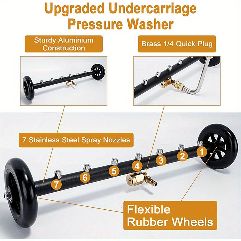 2 in 1 7 nozzle high pressure surface cleaner high pressure washer water gun 22 inch mobile cleaner floor washing car bottom multi broom 1 4 inch quick connection 4000psi water pressure 1800psi 4000psi with three stainless steel extension rods two straight rods one 45 bent rod two 360 moving wheels details 9
