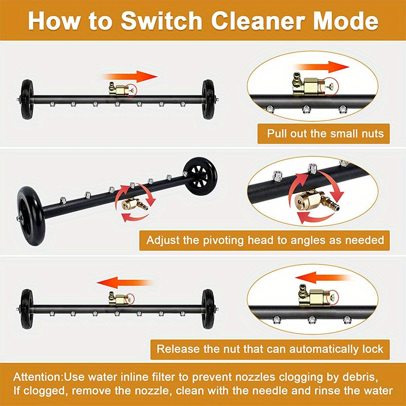 2 in 1 7 nozzle high pressure surface cleaner high pressure washer water gun 22 inch mobile cleaner floor washing car bottom multi broom 1 4 inch quick connection 4000psi water pressure 1800psi 4000psi with three stainless steel extension rods two straight rods one 45 bent rod two 360 moving wheels details 10