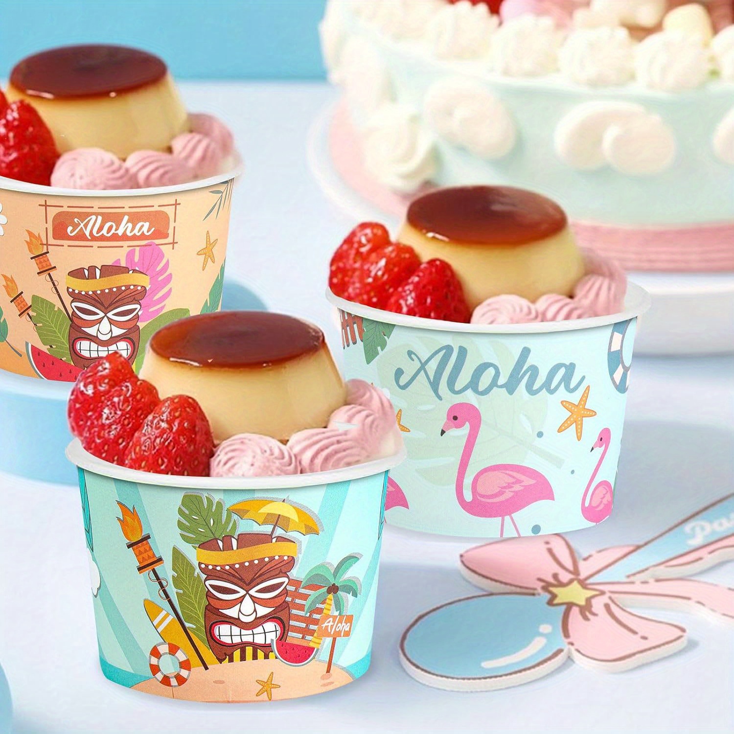 

24pcs Aloha Outdoor Safe Disposable Paper Ice Cream Bowls - Hawaiian Flamingo Pattern Dessert Cups For Summer Parties