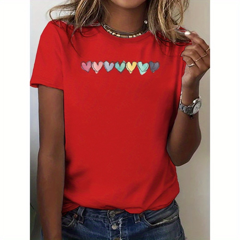 

Hearts Gradient Print Crew Neck T-shirt, Casual Short Sleeve T-shirt For Spring & Summer, Women's Clothing