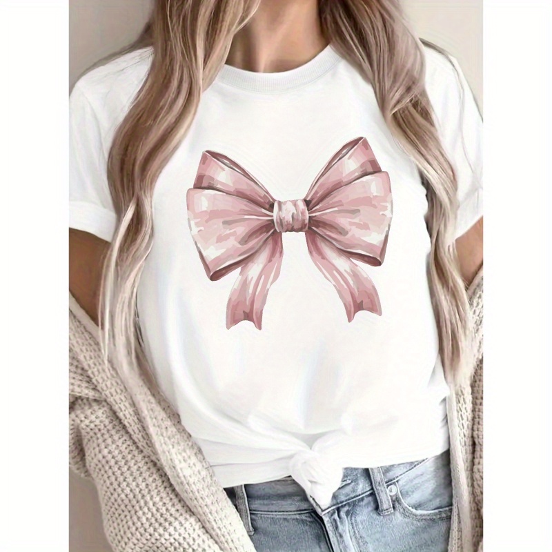 

Pink Bow Print Crew Neck T-shirt, Casual Short Sleeve T-shirt For Spring & Summer, Women's Clothing