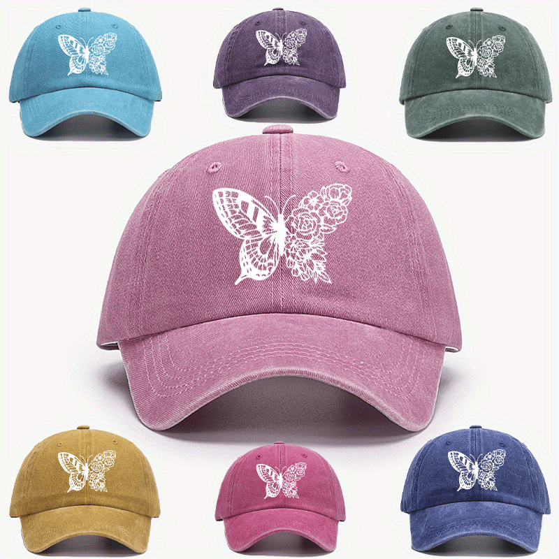 

Embroidered Butterfly Animal Pattern Baseball Cap, Adjustable Vintage Washed Distressed Dad Hat With Curved Brim, Various Colors