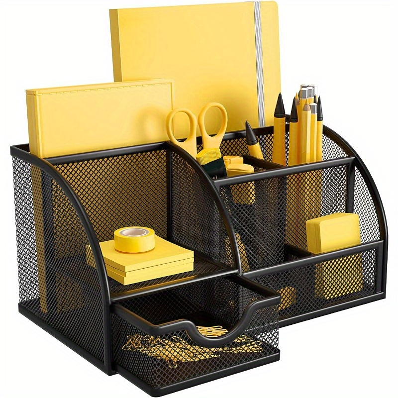 

Versatile Mesh Desk Organizer With 6 Compartments & Drawer - Perfect For Home, School, Or Office Supplies (1pc)