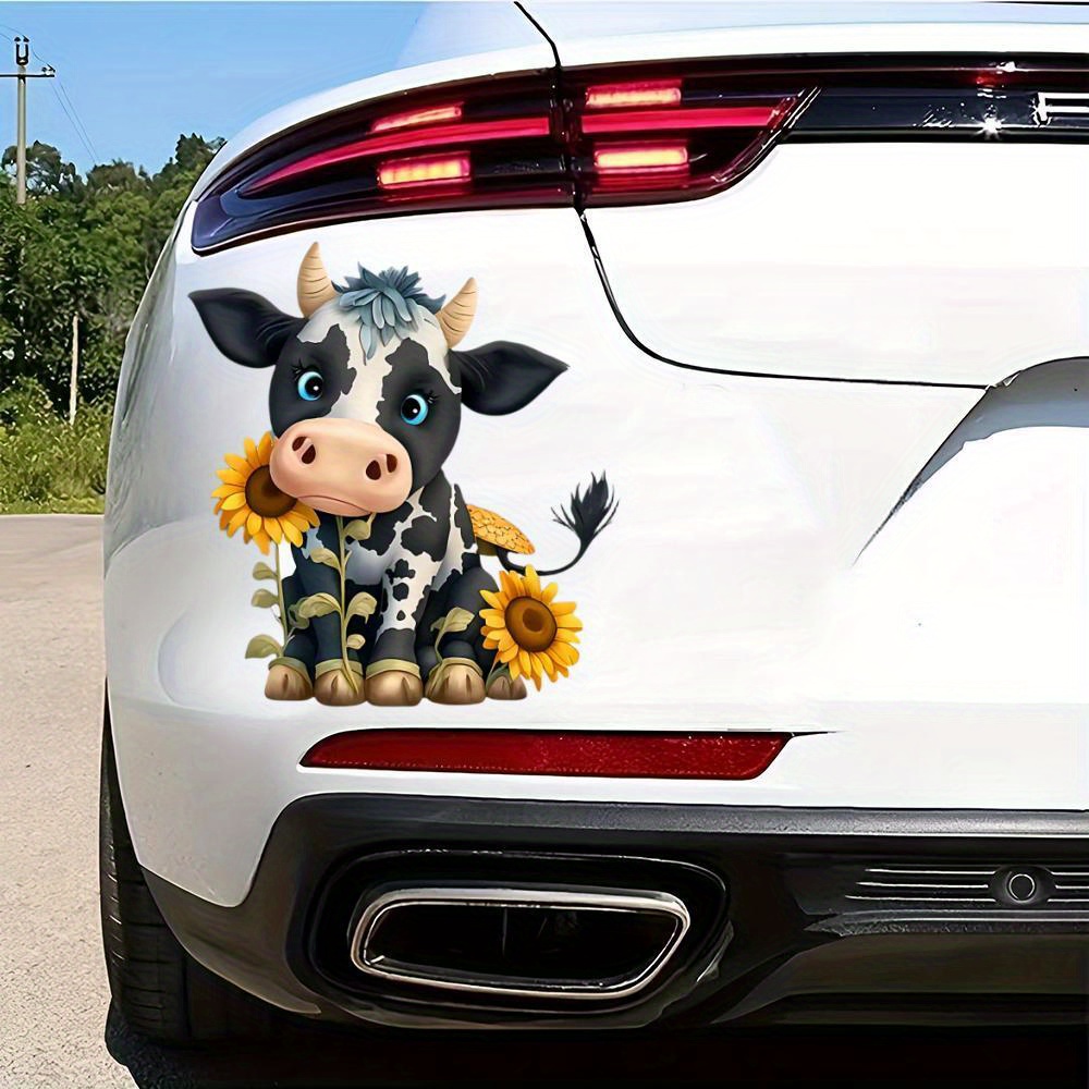 

1pc Fun Cartoon Cow With Sunflowers Car Decal - Cool Stylish Paper Sticker For Vehicle, Wall, Laptop Decoration