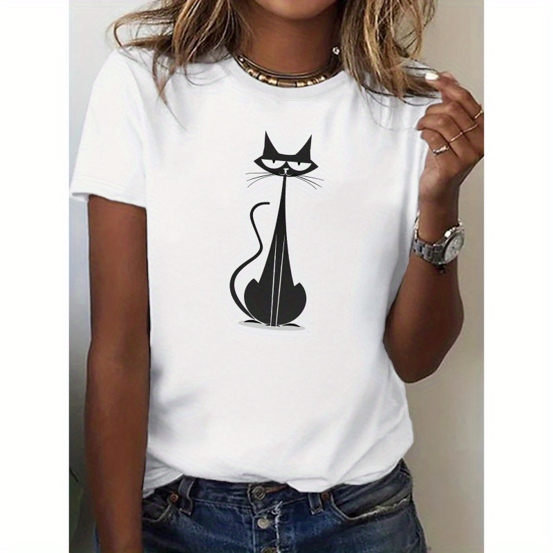 

Cartoon Cat Print Crew Neck T-shirt, Casual Short Sleeve Top For Spring & Summer, Women's Clothing