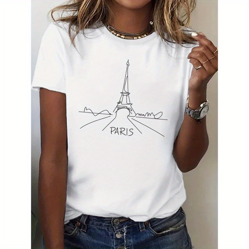 

Paris Print Crew Neck T-shirt, Casual Short Sleeve Top For Spring & Summer, Women's Clothing